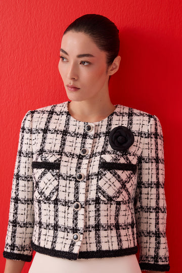 BLACK AND WHITE PLAID TWEED WOMEN'S JACKET