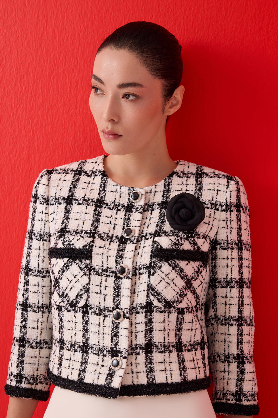 BLACK AND WHITE PLAID TWEED WOMEN'S JACKET