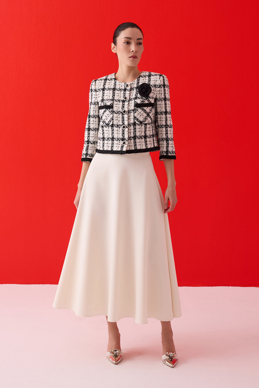 BLACK AND WHITE PLAID TWEED WOMEN'S JACKET