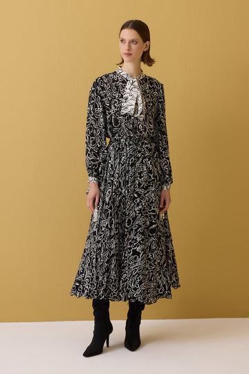 SİYAH BEYAZ DESENLİ KADIN GÖMLEK ETEK TAKIM