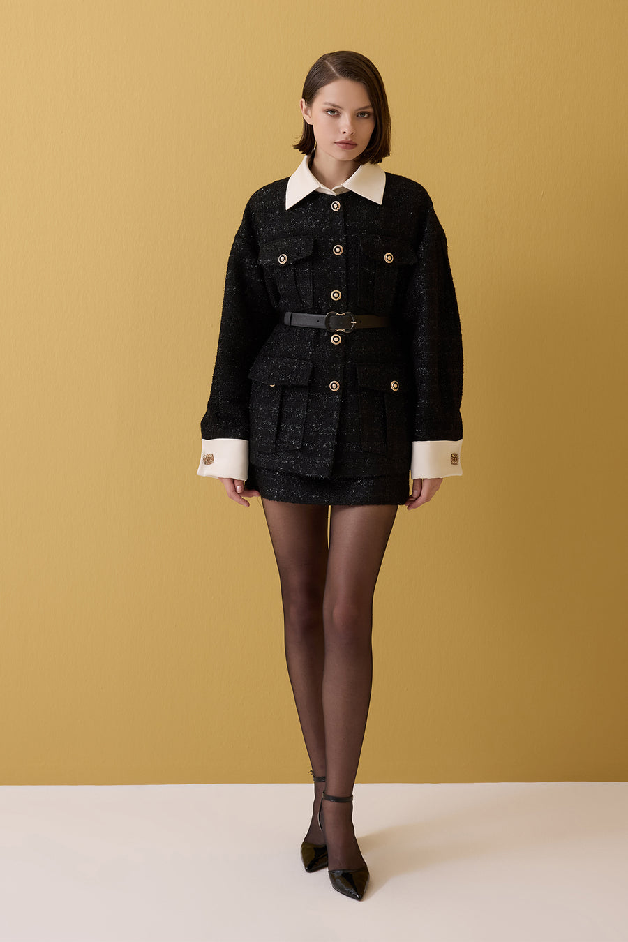 SİYAH EKRU YAKA CHANEL KADIN CEKET ETEK TAKIM