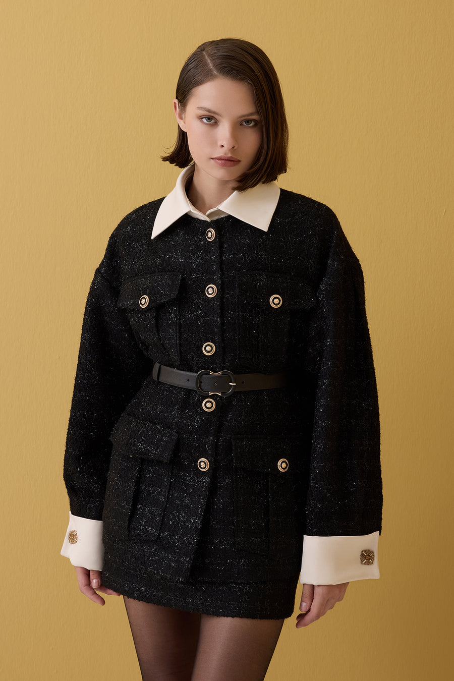 SİYAH EKRU YAKA CHANEL KADIN CEKET ETEK TAKIM