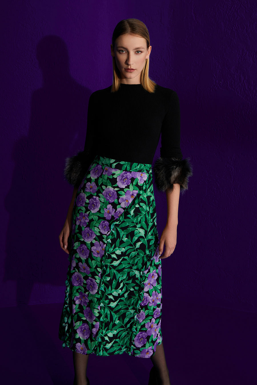 GREEN LILAC FLORAL PATTERNED FRILL DETAILED MIDI SKIRT