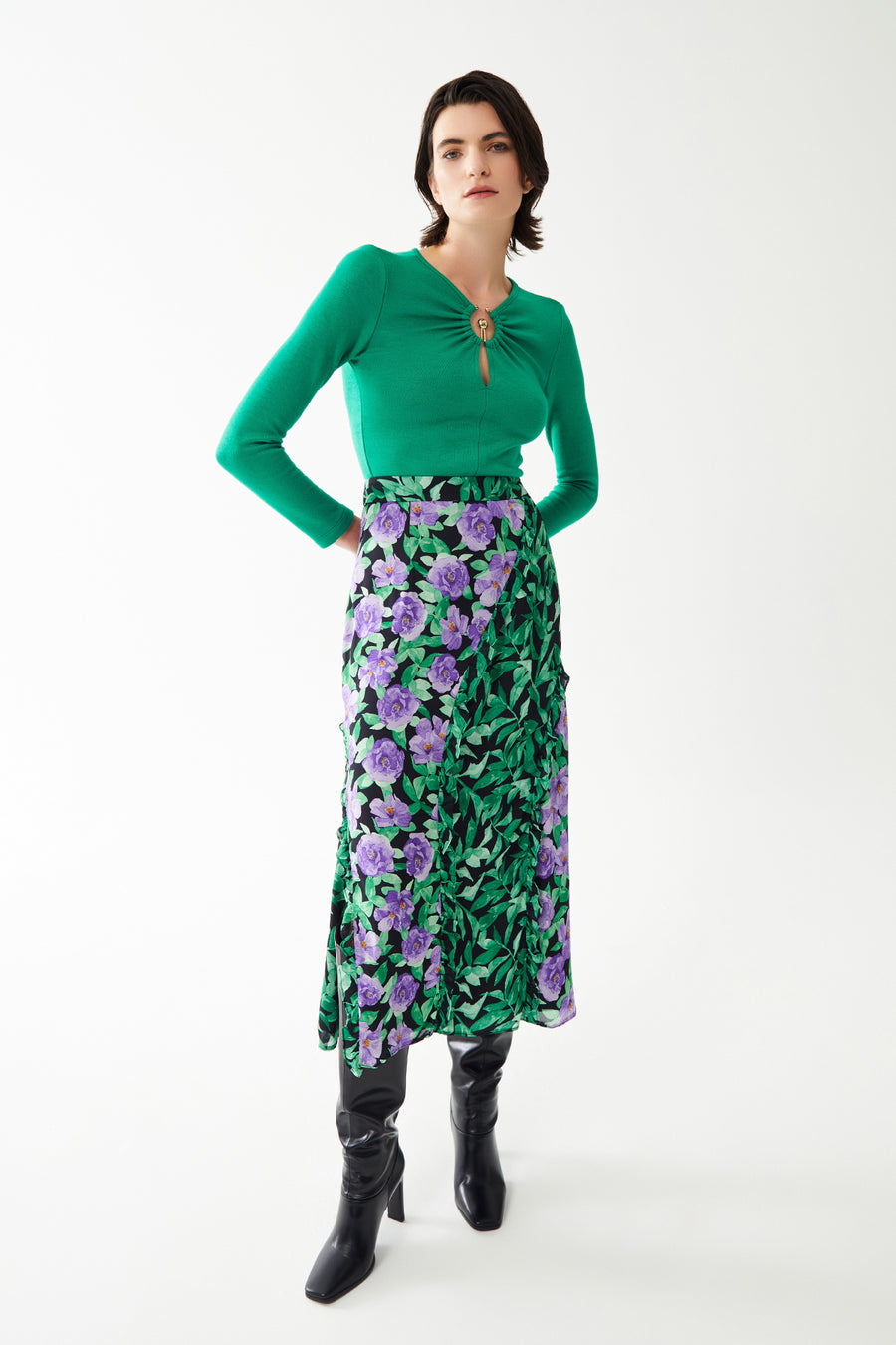 GREEN LILAC FLORAL PATTERNED FRILL DETAILED MIDI SKIRT