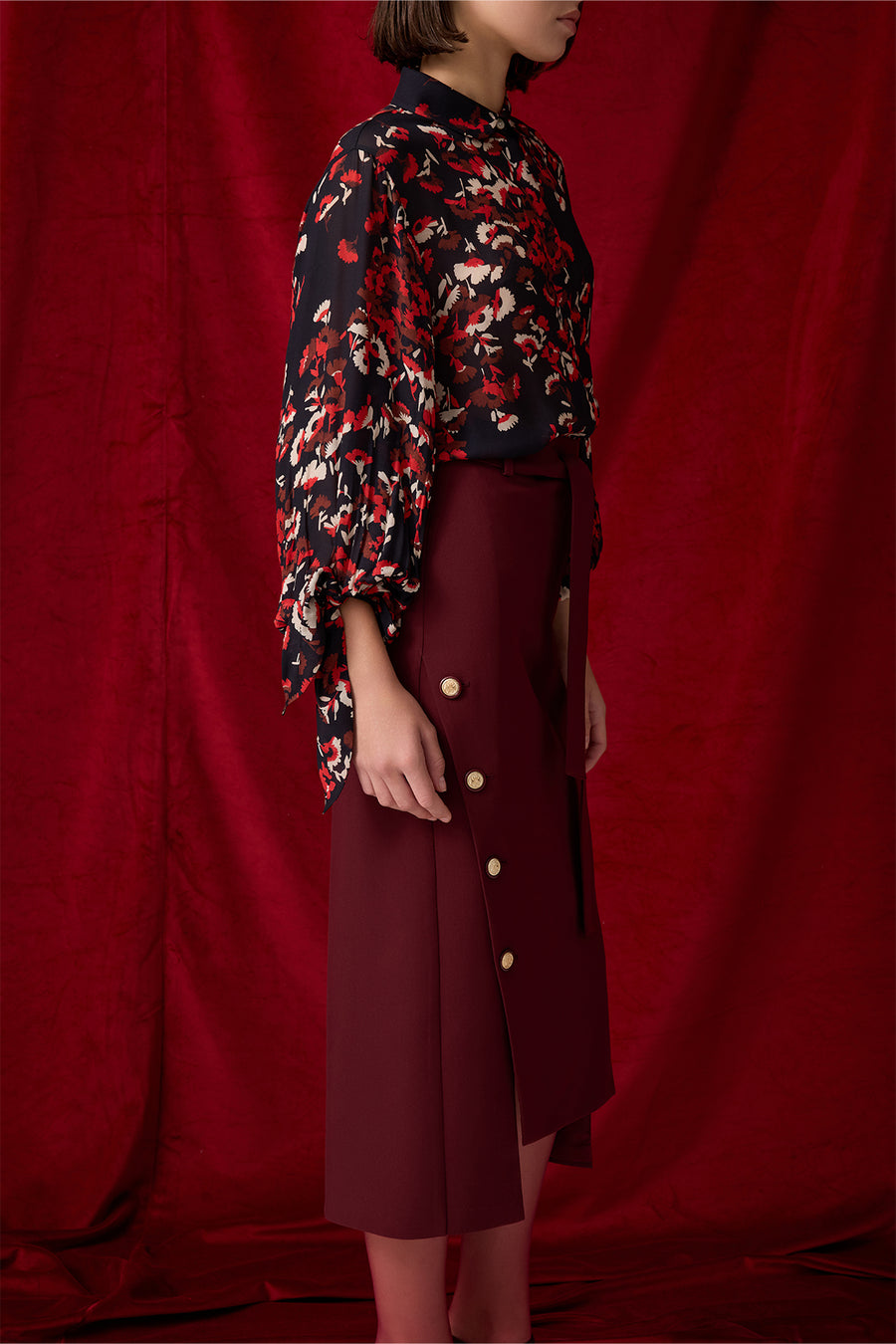 BORDO ASİMETRİK KESİM YIRTMAÇLI MİDİ BOY ETEK