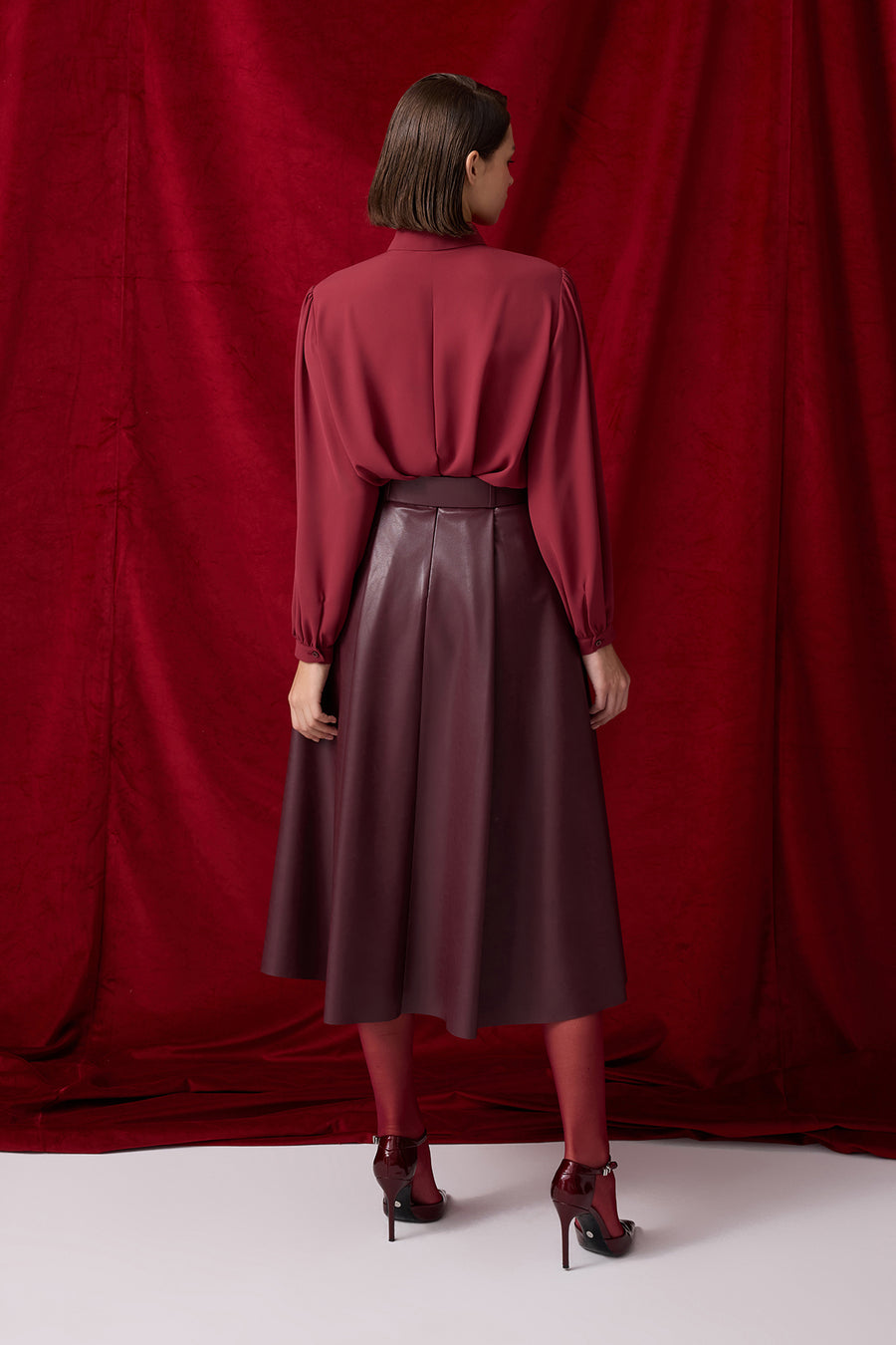 BORDO DERİ MİDİ BOY ETEK