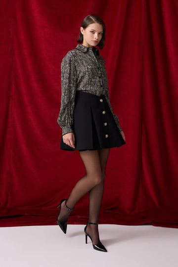 SİYAH GOLD DÜĞME DETAYLI PİLELİ MİNİ ETEK