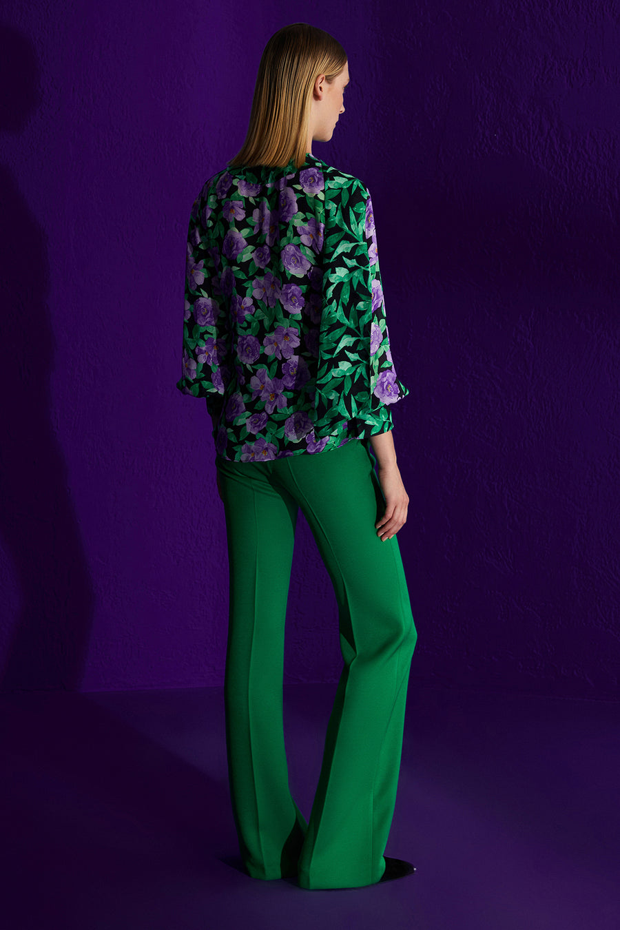 GREEN LILAC FLORAL PATTERNED WINDOW DRESSED BLOUSE