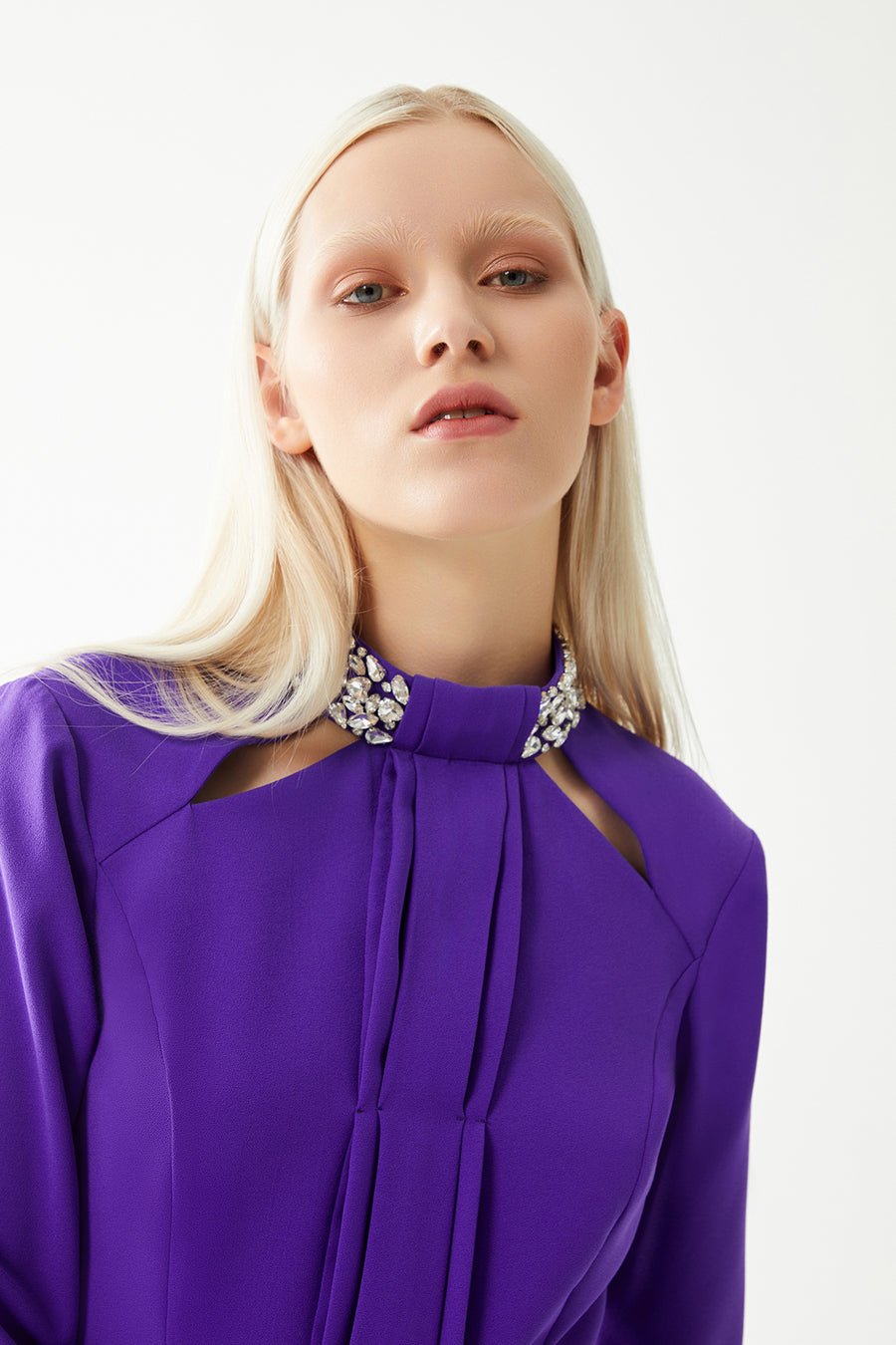 PURPLE COLLAR WITH STONE EMBROIDERY AND WINDOW LONG-SLEEVE BLOUSE