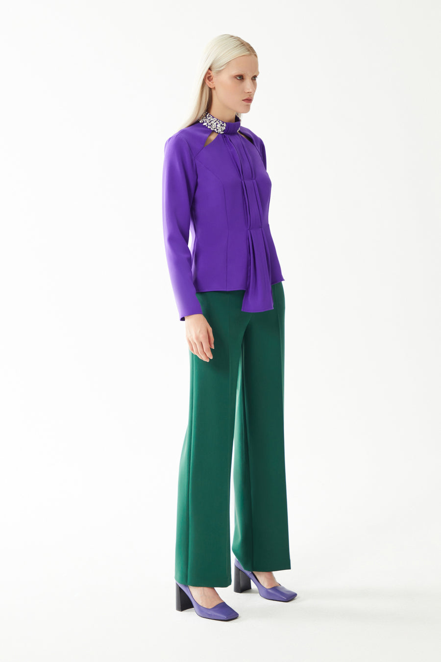 PURPLE COLLAR WITH STONE EMBROIDERY AND WINDOW LONG-SLEEVE BLOUSE