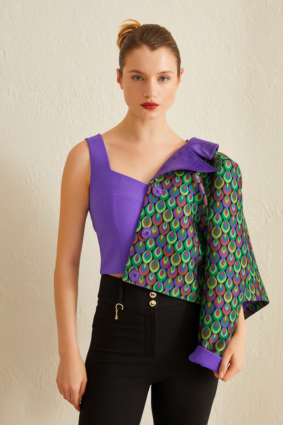 PURPLE THICK STRAPPED CROP BLOUSE