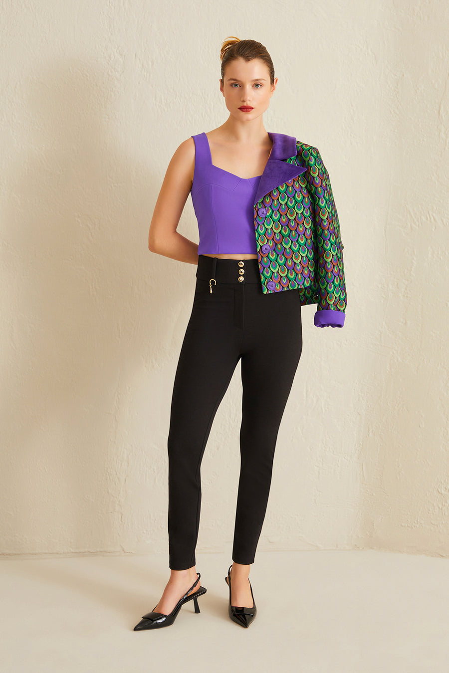 PURPLE THICK STRAPPED CROP BLOUSE