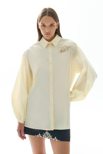 CREAM EMBROIDERY AND BEAD DETAIL BALLOON SLEEVE WOMEN'S SHIRT