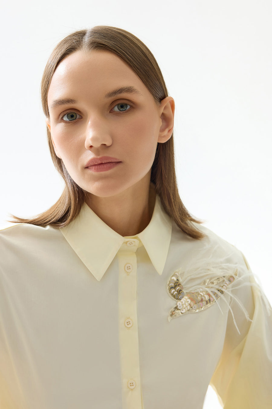 CREAM EMBROIDERY AND BEAD DETAIL BALLOON SLEEVE WOMEN'S SHIRT