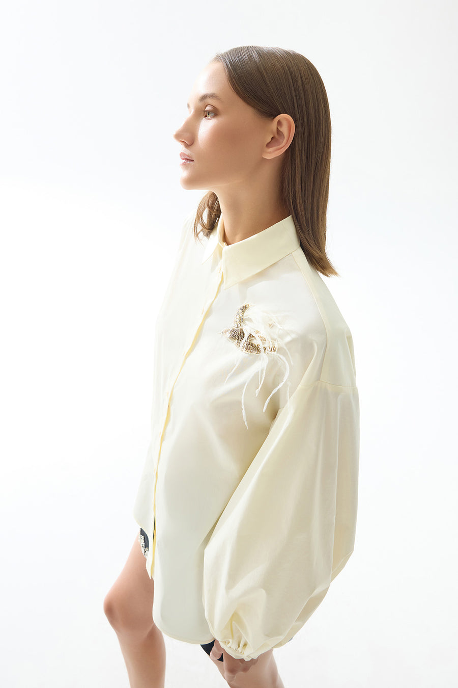 CREAM EMBROIDERY AND BEAD DETAIL BALLOON SLEEVE WOMEN'S SHIRT