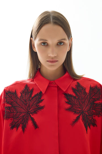 RED LACE DETAILED WOMEN'S SHIRT