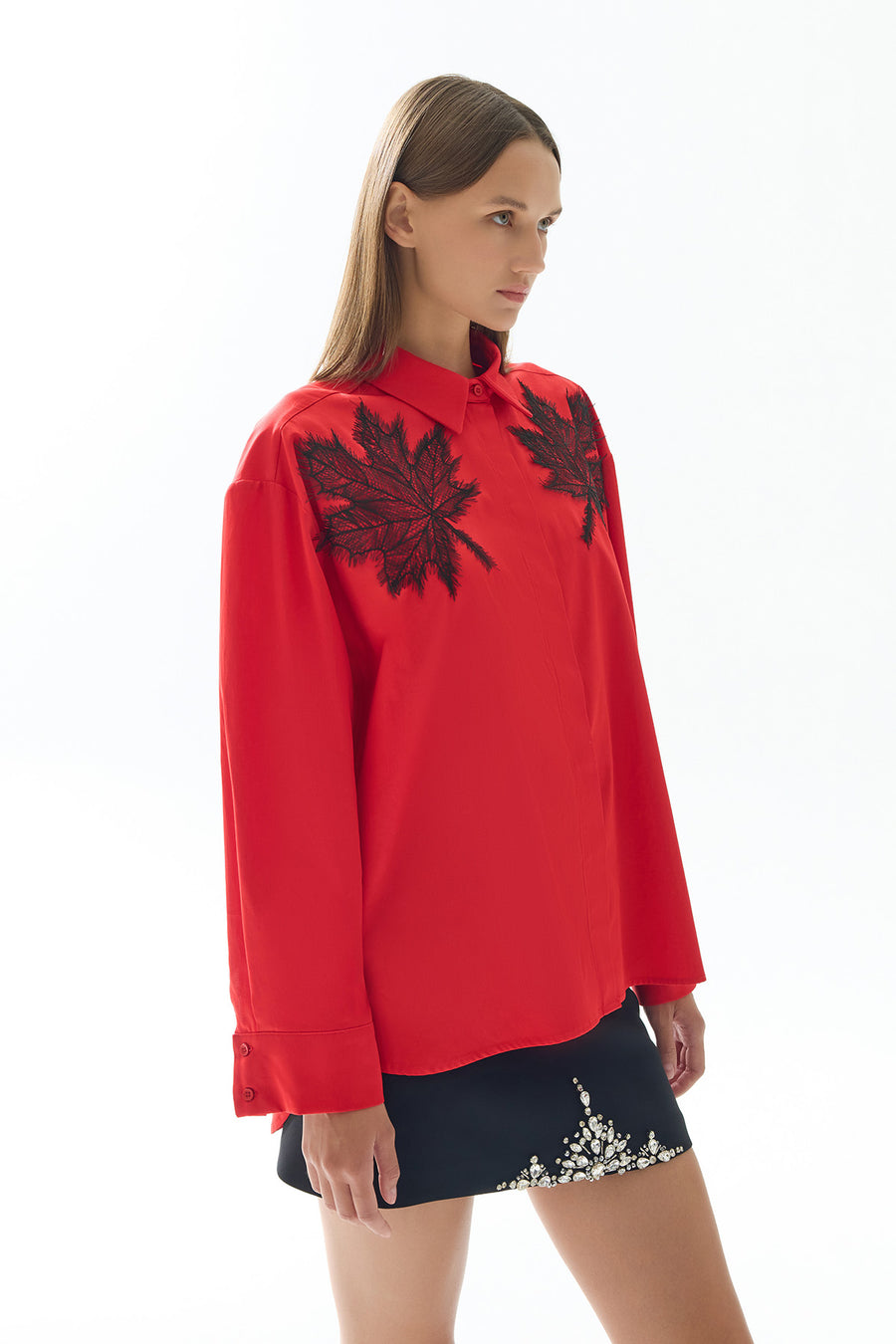 RED LACE DETAILED WOMEN'S SHIRT