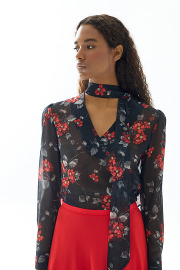 BLACK AND RED FLORAL PATTERNED TRANSPARENT SCARF BLOUSE