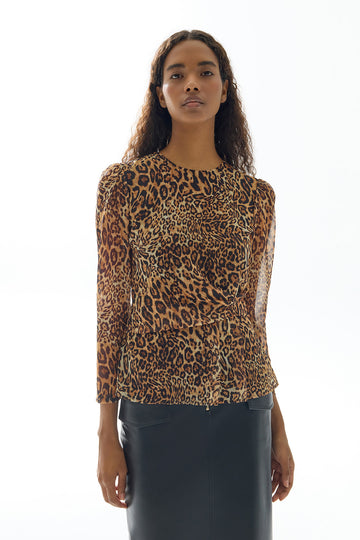 LEOPAR DESENLİ DRAPE DETAYLI BLUZ