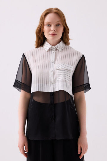 BLACK AND WHITE STRIPED CLASSIC COLLAR TULLE DETAILED SHORT SLEEVE WOMEN'S SHIRT