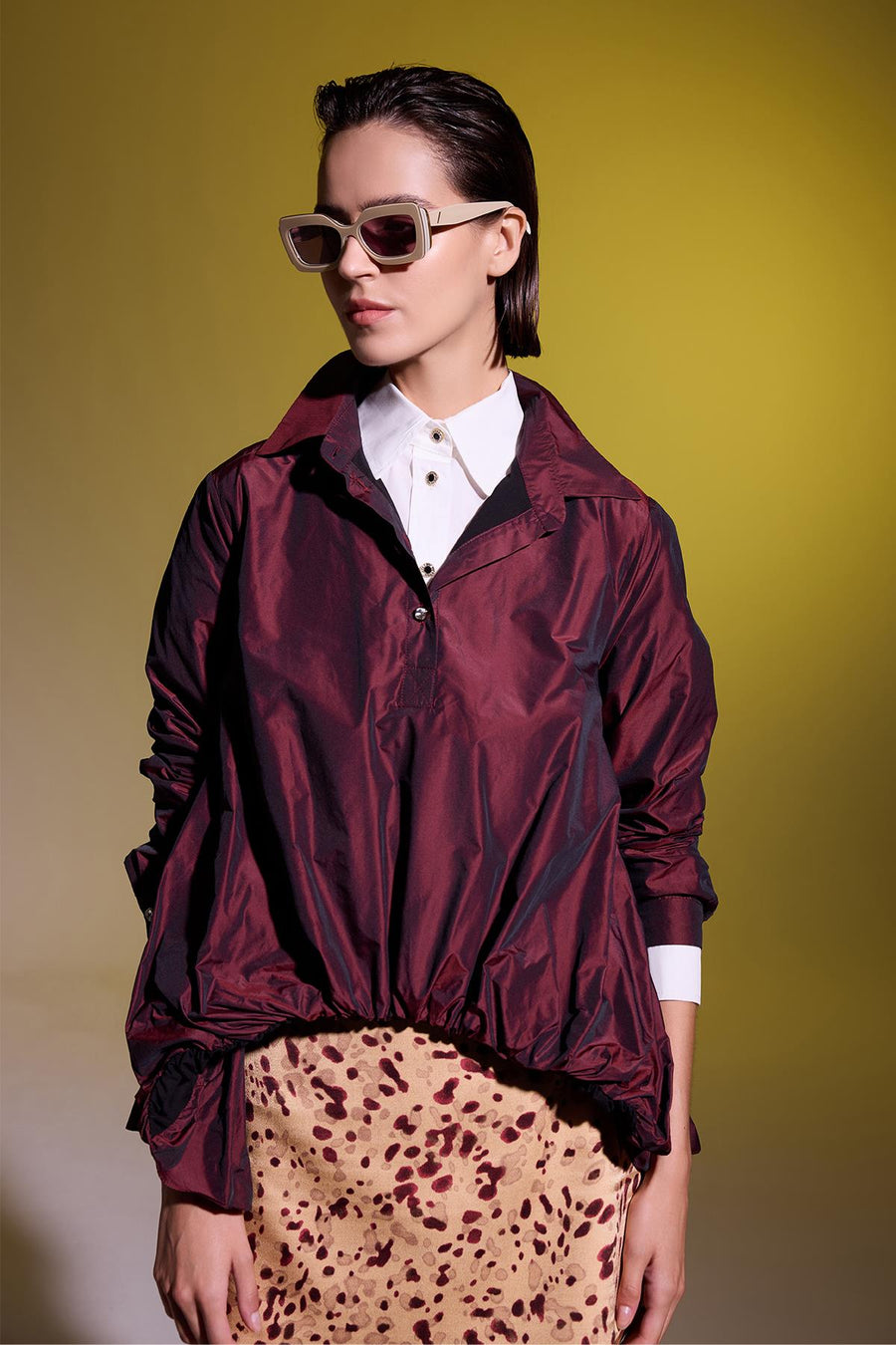 BORDO KLASİK YAKA DÜĞME DETAYLI UZUN KOLLU BLUZ