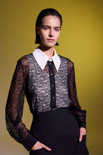 BEYAZ SİVRİ YAKA SİYAH DANTELLİ KADIN GÖMLEK