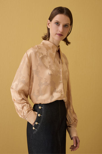 GOLD SARI PENCERE DETAYLI BALON KOLLU KADIN GÖMLEK