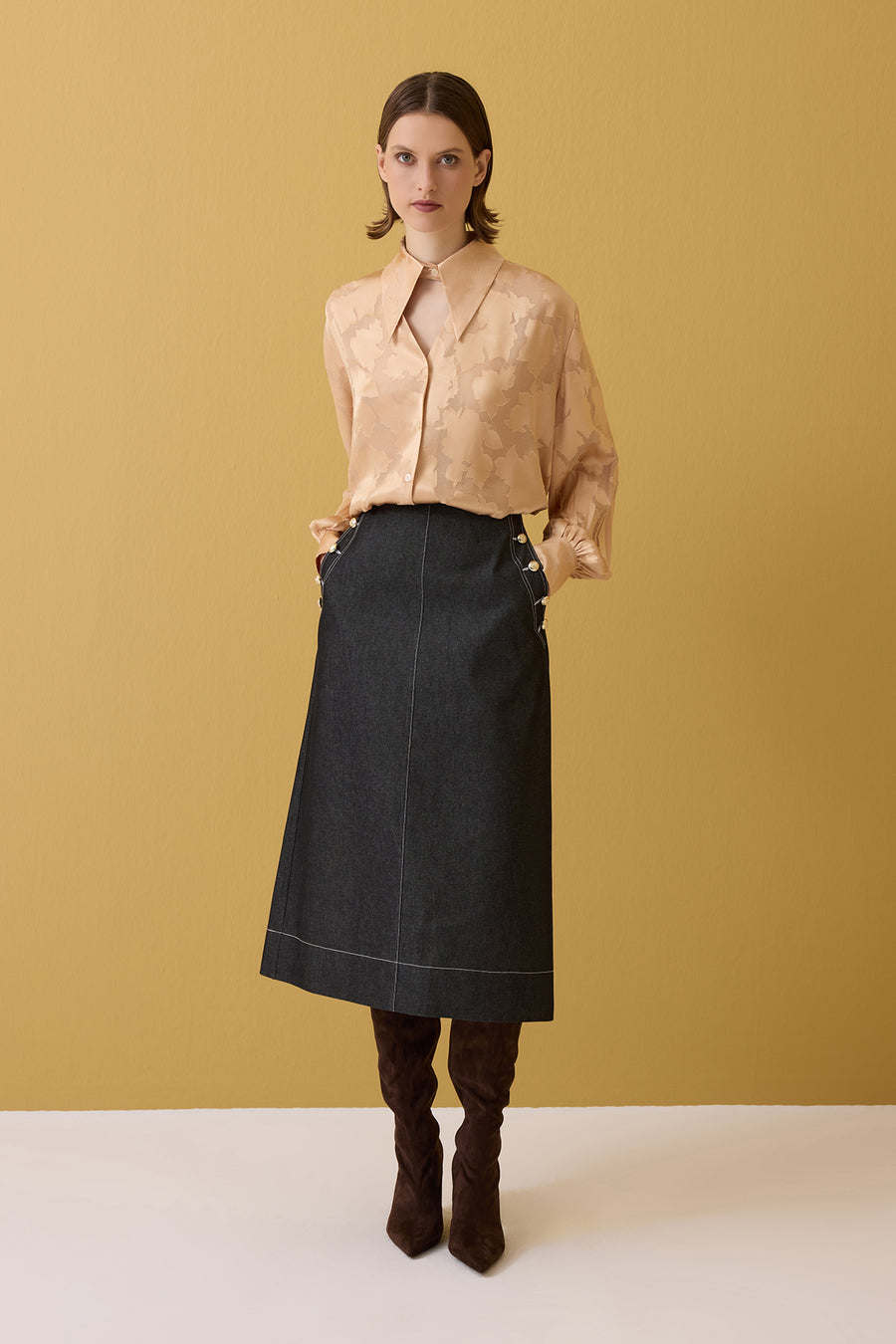 GOLD SARI PENCERE DETAYLI BALON KOLLU KADIN GÖMLEK