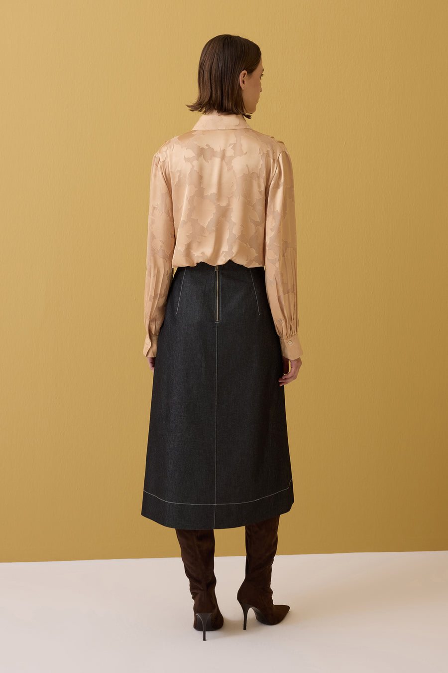 GOLD SARI PENCERE DETAYLI BALON KOLLU KADIN GÖMLEK