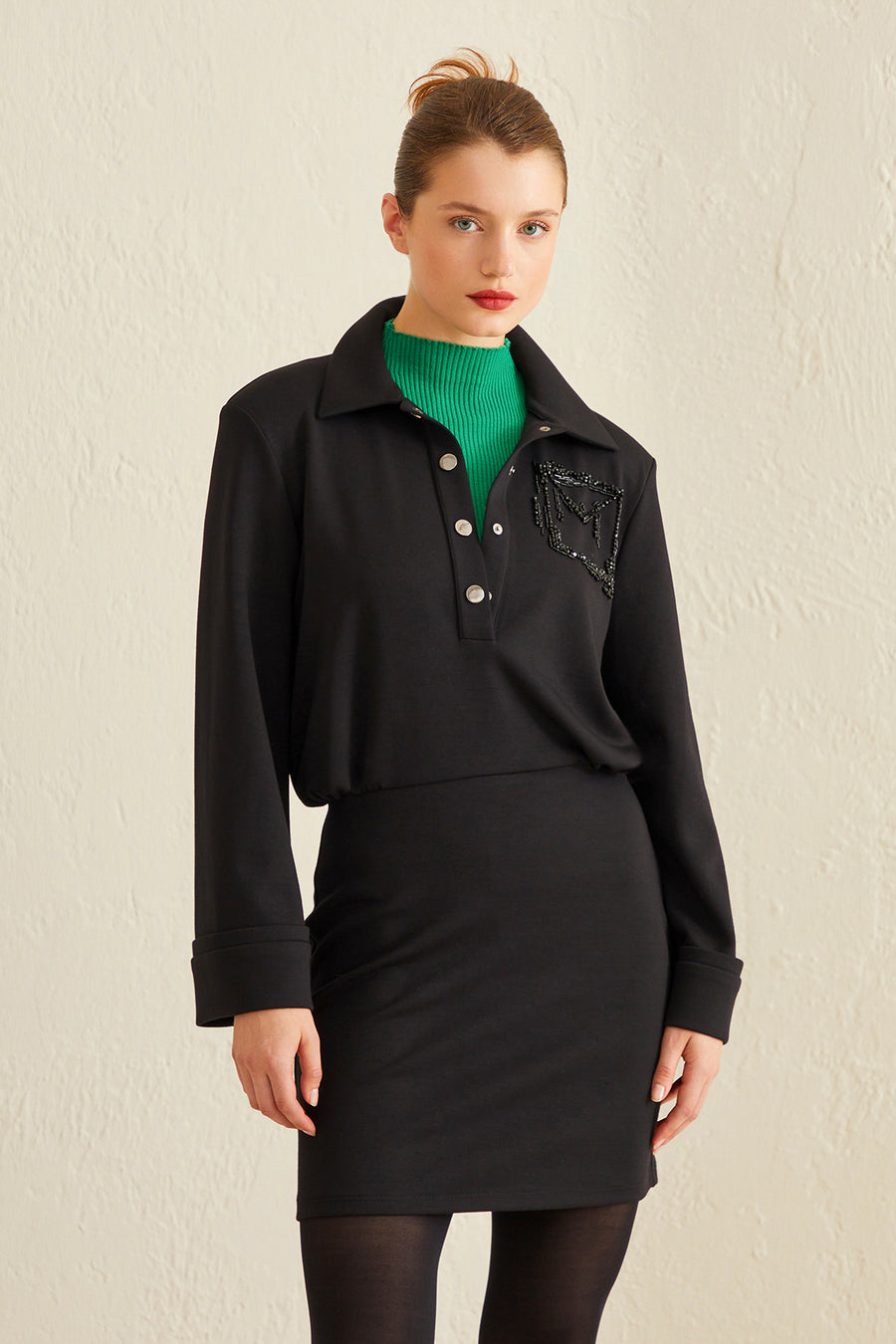 BLACK STONE EMBROIDERED MINI DRESS WITH BUTTON COLLAR
