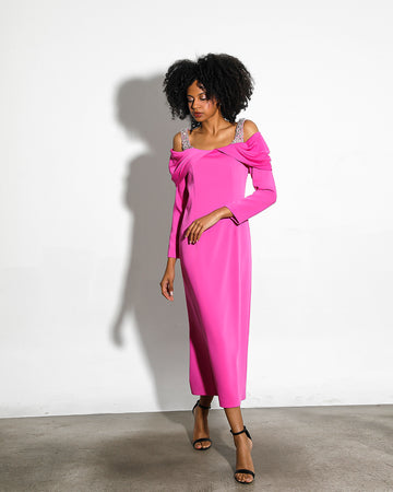 FUCHSIA DROP SHOULDER STONE STRAPPED MIDI LENGTH DRESS