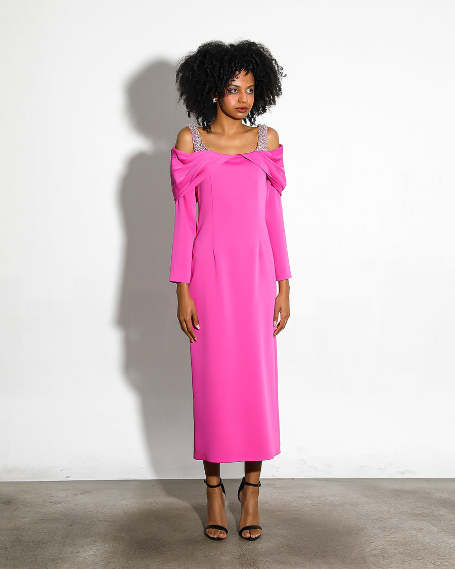 FUCHSIA DROP SHOULDER STONE STRAPPED MIDI LENGTH DRESS