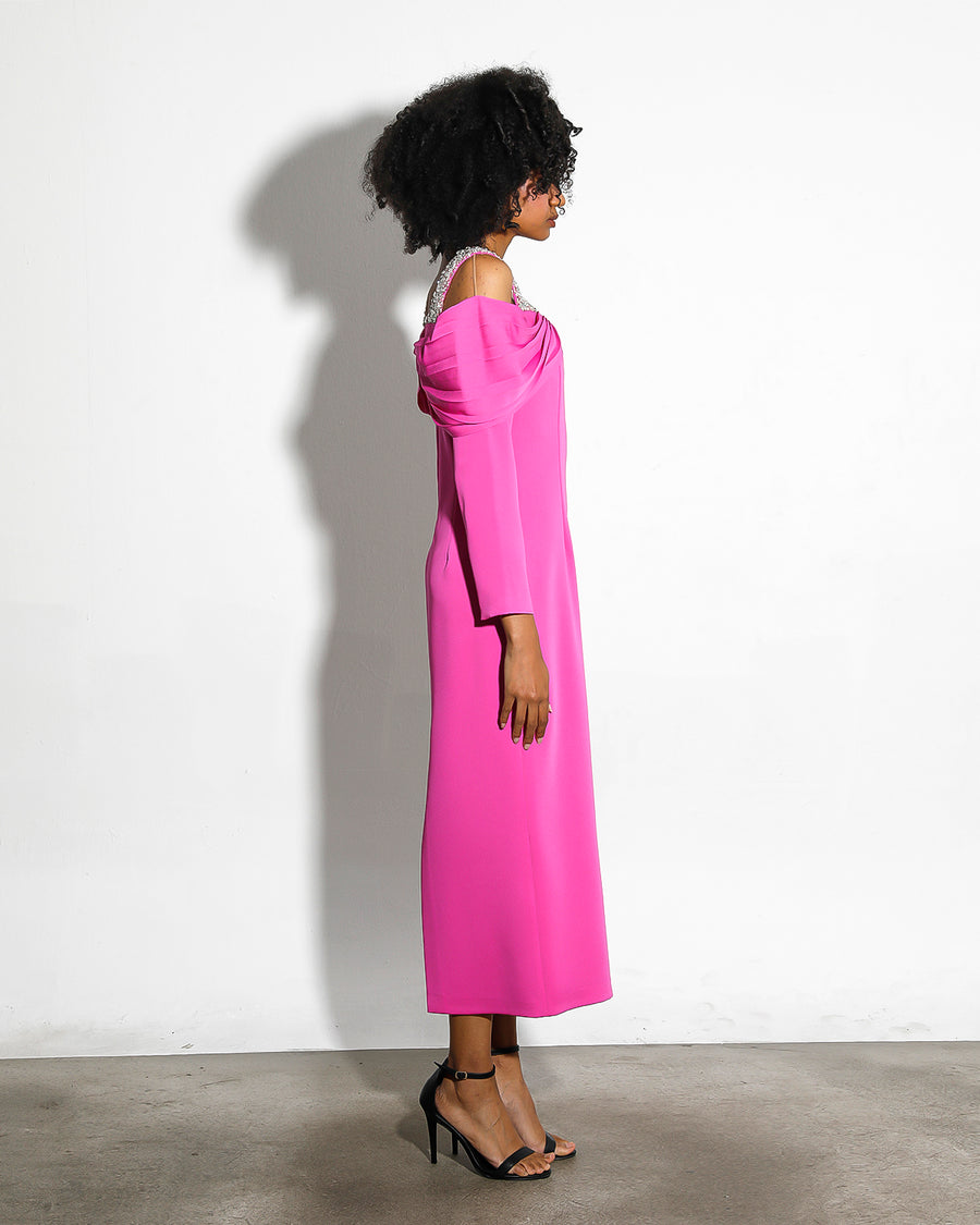 FUCHSIA DROP SHOULDER STONE STRAPPED MIDI LENGTH DRESS