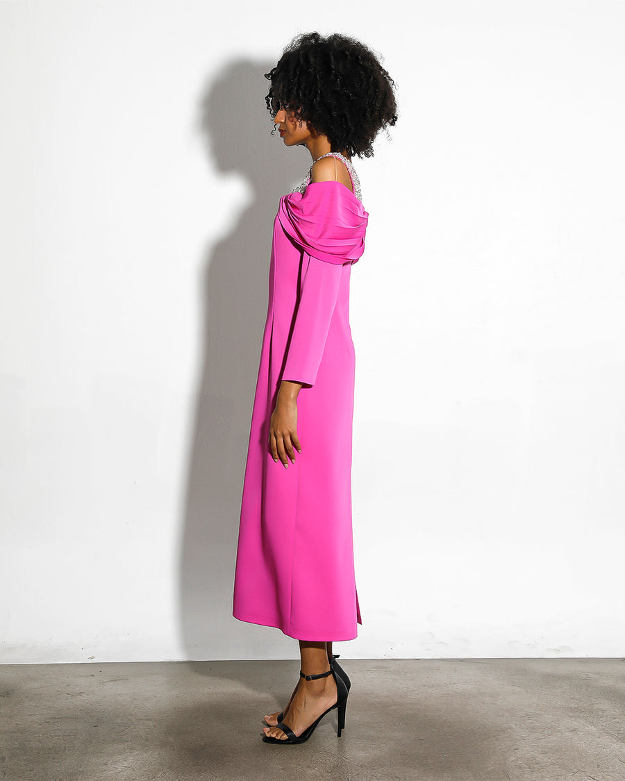 FUCHSIA DROP SHOULDER STONE STRAPPED MIDI LENGTH DRESS