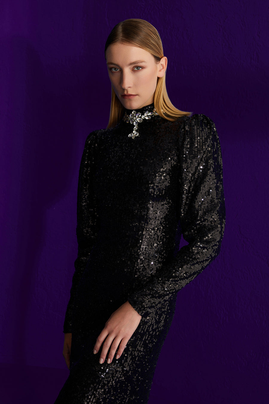 BLACK SEQUINED MIDI DRESS WITH STONE EMBROIDERED COLLAR