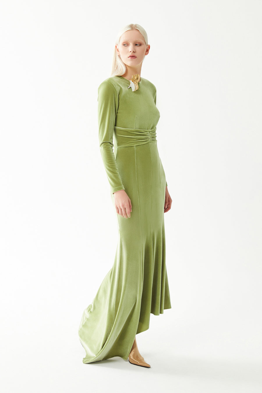 GREEN PACKED WAIST LONG SLEEVE MIDI DRESS WITH SIDE TAIL