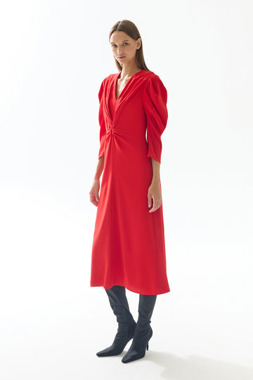 RED DRAPED DETAIL MIDI DRESS