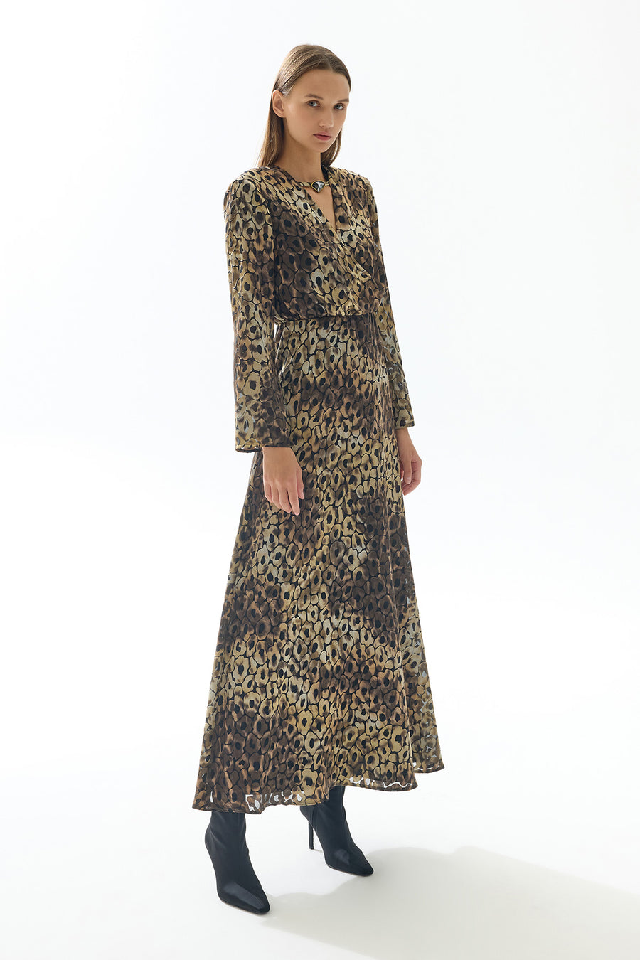 GOLD BLACK PATTERNED V-NECK LONG DRESS