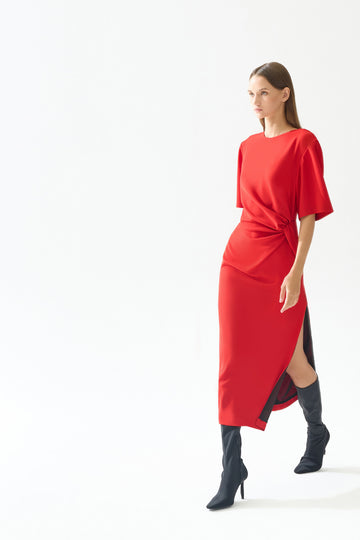 RED DRAPED SLITTLE MIDI DRESS