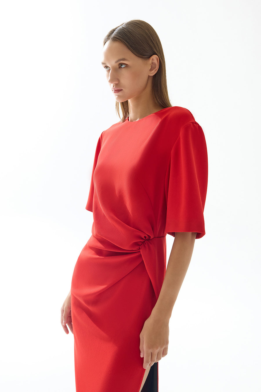 RED DRAPED SLITTLE MIDI DRESS