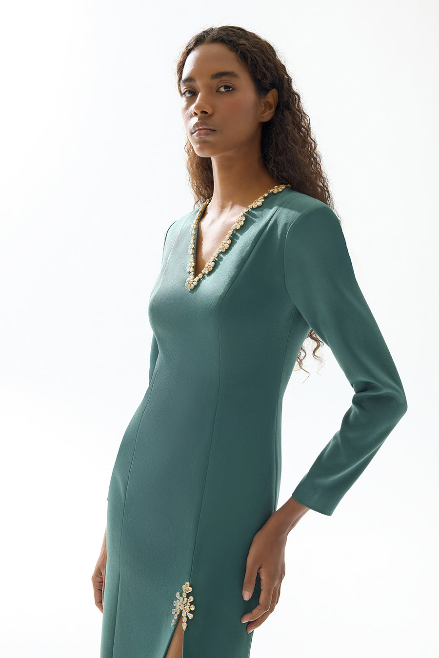 OIL GREEN STONE EMBROIDERED SLITTLE MIDI DRESS