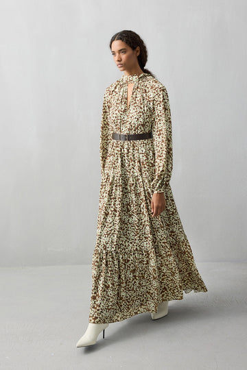 BROWN FLORAL PATTERNED FLOUNCED LONG DRESS