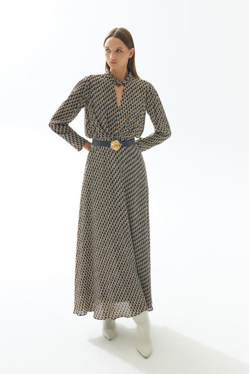 BLACK BEIGE GEOMETRIC PATTERNED LONG DRESS