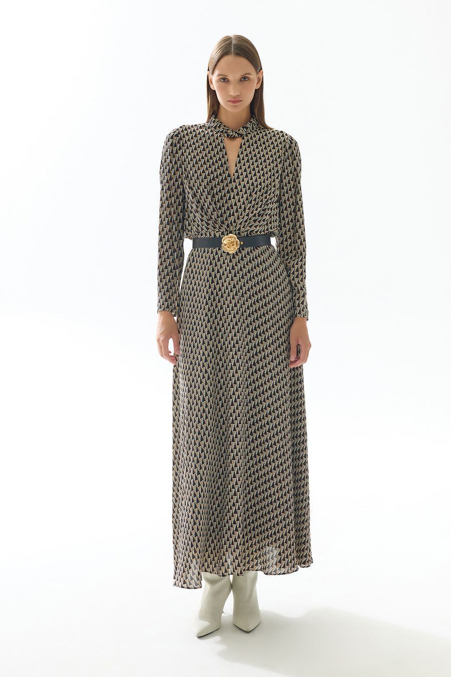 BLACK BEIGE GEOMETRIC PATTERNED LONG DRESS