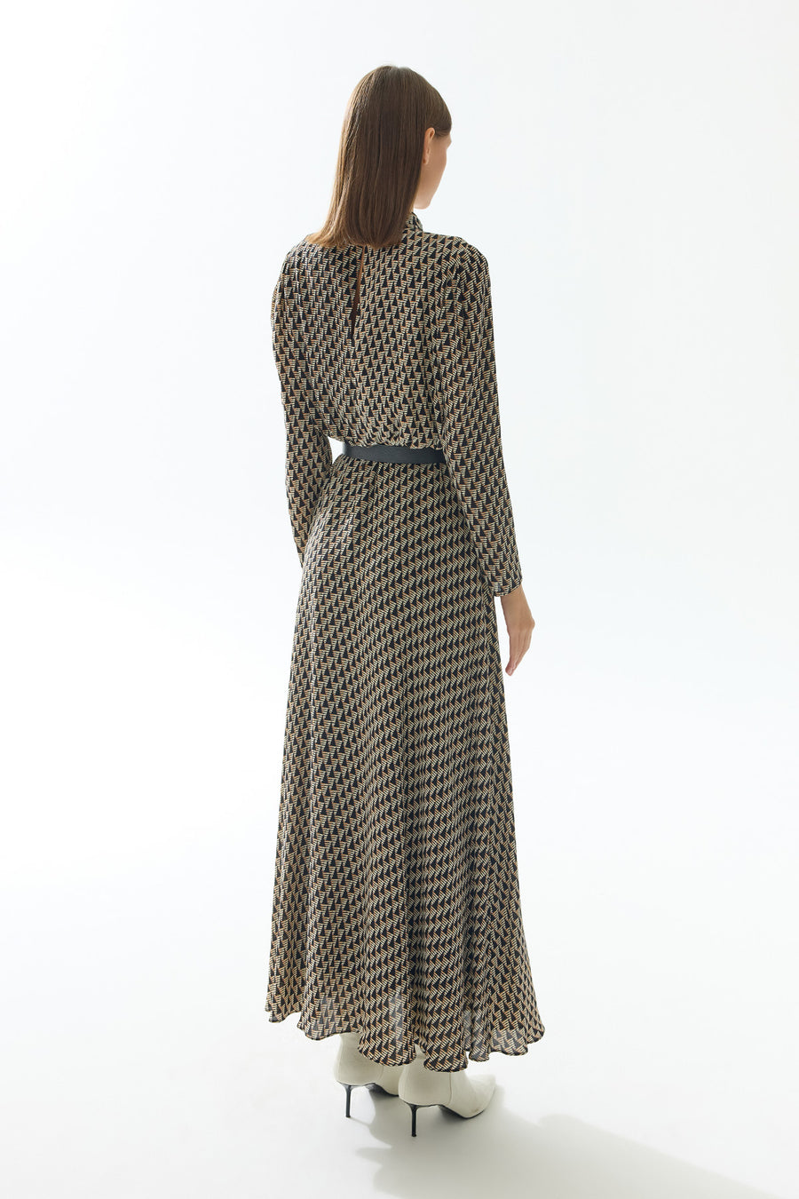 BLACK BEIGE GEOMETRIC PATTERNED LONG DRESS