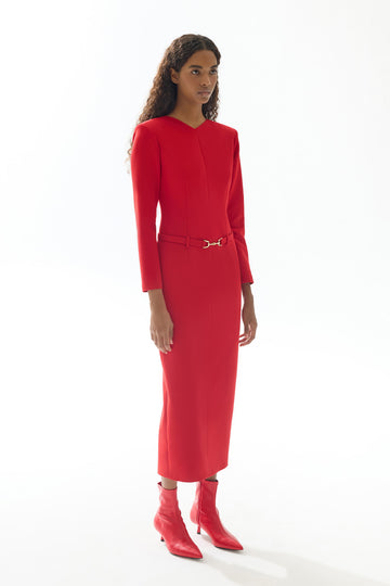 RED BELT STRAIGHT CUT LONG DRESS