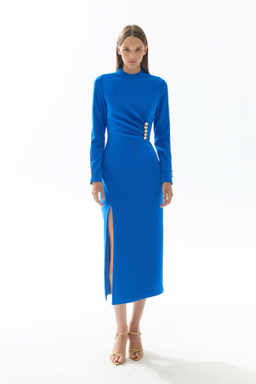 SAX BLUE DRAPE AND SLIT DETAIL MIDI DRESS