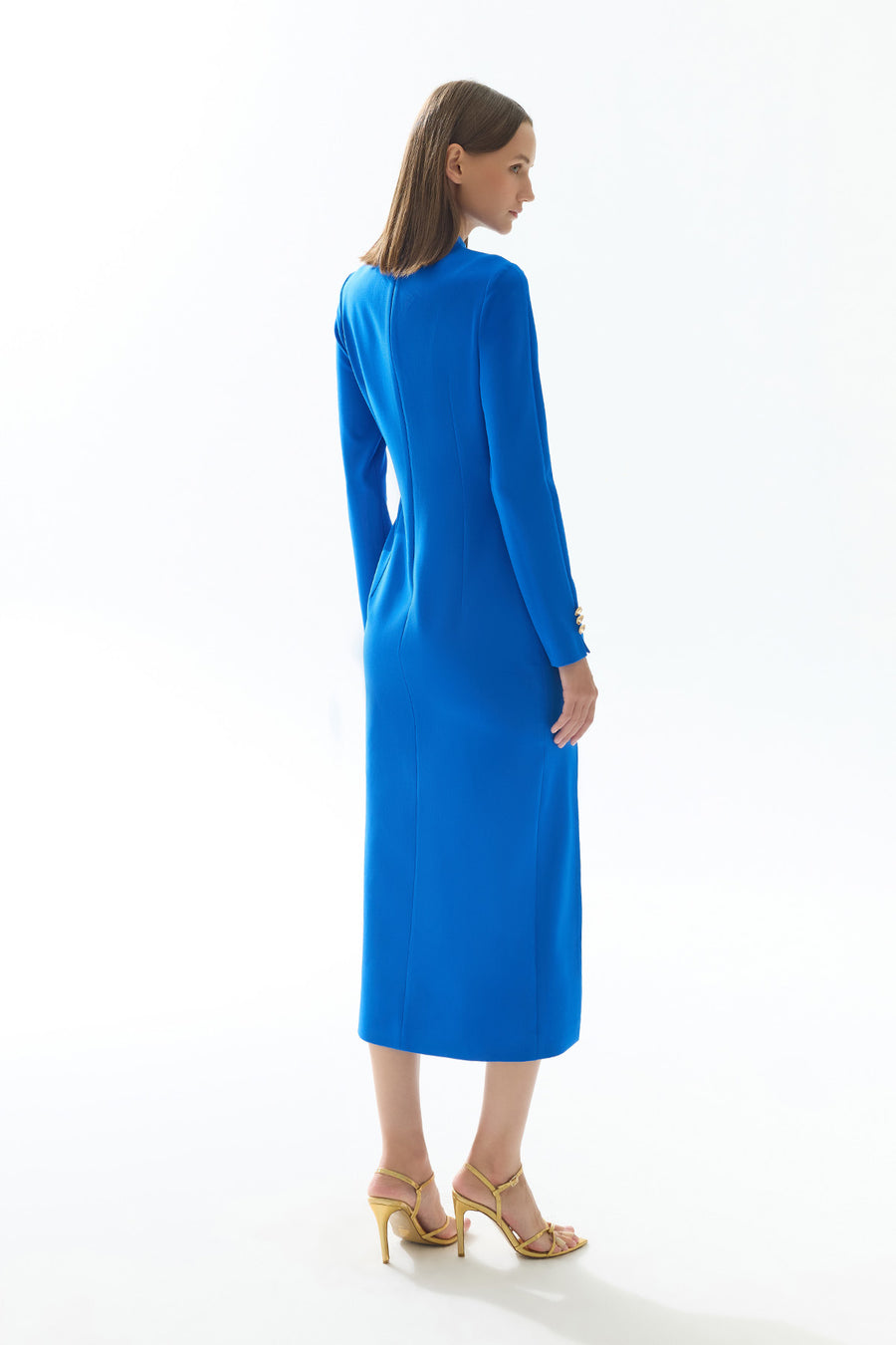 SAX BLUE DRAPE AND SLIT DETAIL MIDI DRESS