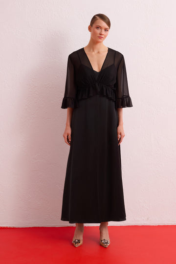 BLACK THREE QUARTER SLEEVE CHIFFON LONG DRESS
