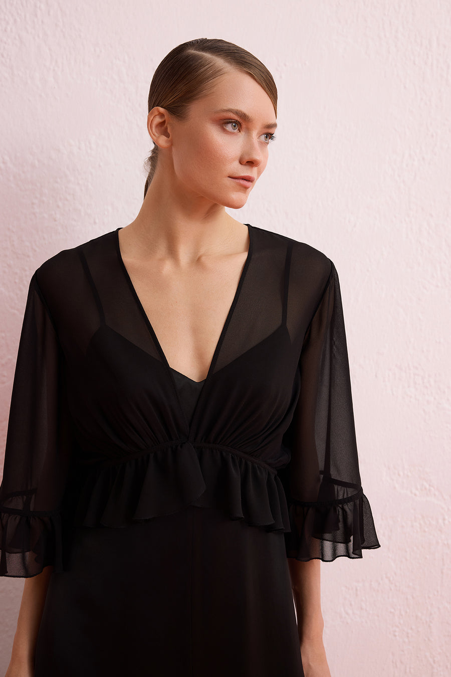 BLACK THREE QUARTER SLEEVE CHIFFON LONG DRESS